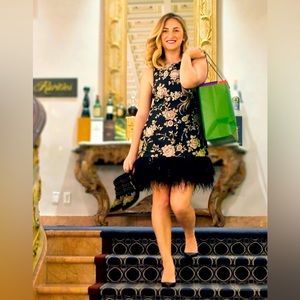 Kate Spade Size 16 Madison Ave Black Chinoiserie Pamella Dress Feather Hem